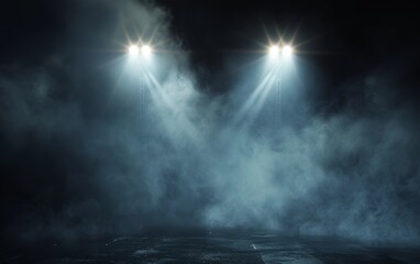 A pair of luminous spotlights penetrate the mist on an obscured stage, creating an aura of mystique and drama.