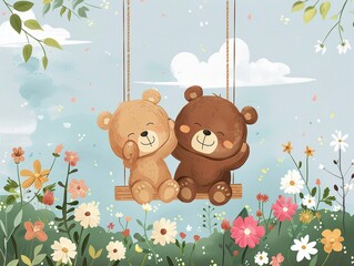 Obraz na płótnie Canvas Playful cartoon of two bears sitting on a swing, best friends theme, in bright, lively colors, with a solid sky and flowers background
