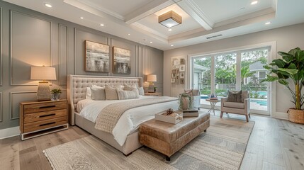This bedroom is modern and elegant with main tones of white and gray. Mainstream neutral lighting - obrazy, fototapety, plakaty