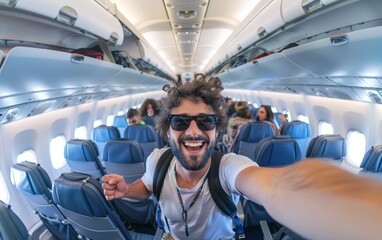 A curly-haired man with sunglasses gives a thumbs up while taking a selfie on an airplane, exuding a travel-ready spirit.
