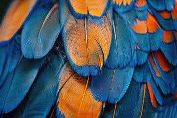 A close-up of blue and orange feathers showcasing their natural texture and colors