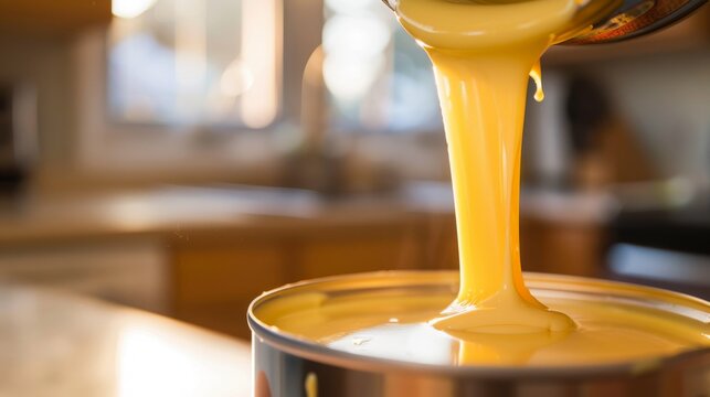 In a cozy kitchen, a can of condensed milk is opened, revealing the sweet, golden richness inside, ready to transform any dish into a decadent treat no dust