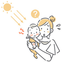 赤ちゃんの肌トラブルに悩むお母さん　シンプルでお洒落な線画イラスト