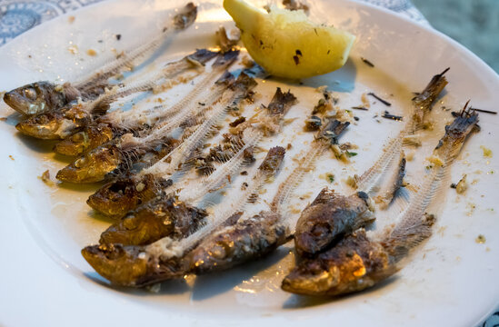 Skeletons of fresh grilled sardines served with garlic and herb butter, eaten for lunch at Mediterranean beach.