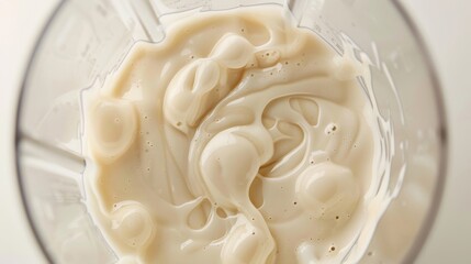 In a blender, almond milk merges with fruits, its smooth, light beige hue swirling into a dance of healthful flavors hyper realistic - obrazy, fototapety, plakaty