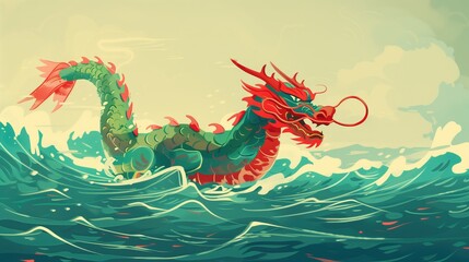 illustration of a dragon boat in the middle of water ripples