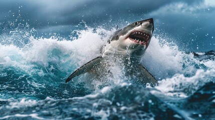 great white shark out of a turbulent open ocean, world oceans day