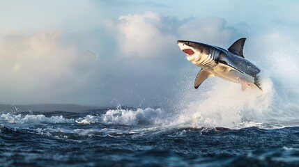 Jump action of white shark jumping out of water in ocean