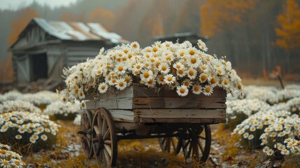 A rustic cart overflowing with bundles of daisies - 782115187