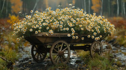 A rustic cart overflowing with bundles of daisies - 782115349