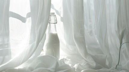 Fresh milk in a vintage glass bottle, set against the backdrop of crisp white curtains fluttering in the breeze, captures the essence of homey comfort no splash