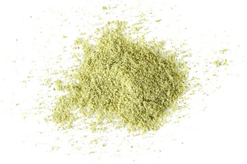 Pumpkin seeds ground isolated on white, top view, clipping path