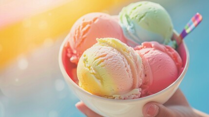 Beneath the summer sun, a bowl of pastel rainbow ice cream becomes a joyful celebration, its colors as soft and inviting as a daydream low noise - obrazy, fototapety, plakaty