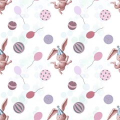 A bunny in a circus with balls, hearts on a colored background. Seamless pattern, hand-drawn, digital illustration. It is ideal for packaging, prints, wallpapers, backgrounds, fabrics and decoration