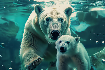 Polar Bear Family Swimming Underwater - obrazy, fototapety, plakaty