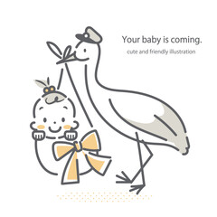 赤ちゃんを届けに来たコウノトリ　シンプルでかわいい線画イラスト