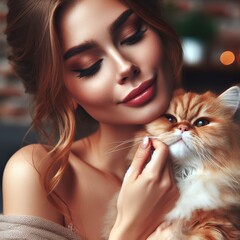 Beautiful woman with a cat in her arms