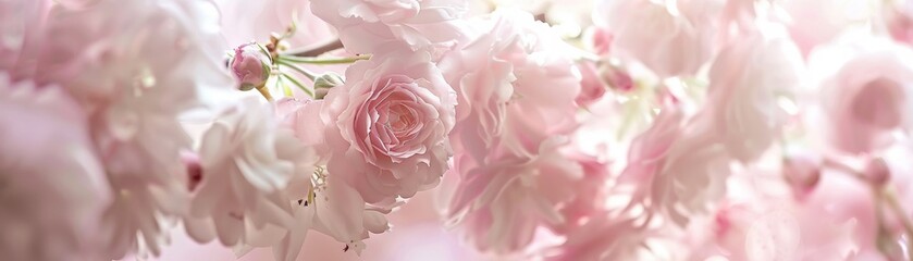 A whimsical scene unfolds in soft and dreamy shades of pink, where delicate flowers sway in a gentle breeze, creating a world of serene beauty no splash - obrazy, fototapety, plakaty
