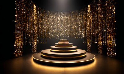 The image features a golden staircase on a round platform, surrounded by a curtain of gold sparkles. The entire scene is bathed in a golden light, creating a sense of luxury and elegance. - obrazy, fototapety, plakaty