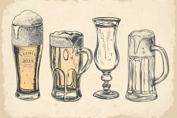 Beer glasses and mugs. Sketch set of beer glasses and mugs in ink hand drawn style