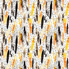 Watercolor seamless pattern of black and yellow lines and dots in grunge style.
