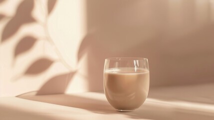 A sleek glass of almond milk stands in the morning light, its smooth texture and light beige color offering a promise of gentle nourishment low texture - obrazy, fototapety, plakaty