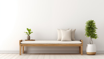 Bright airy living room with a comfortable wooden bench stylish pillows and potted plants