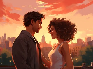 A picture of a romantic couple looking at each other, big city - 782116397