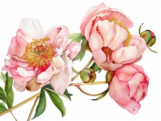 Watercolor illustration of a peony. Botanical flower on an isolated white background - 782116597