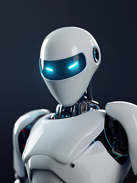 Portrait jusqu'au torse d'un robot humanoïde au corps blanc, le visage noir et des yeux bleus à led sur fond sombre.