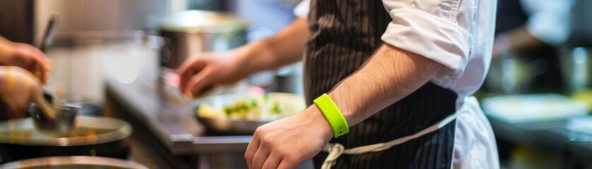 Obraz na płótnie Canvas A pale green bracelet worn by a diner signifies lactose intolerance, a subtle but clear message to chefs to tread cautiously with meal preparation low noise