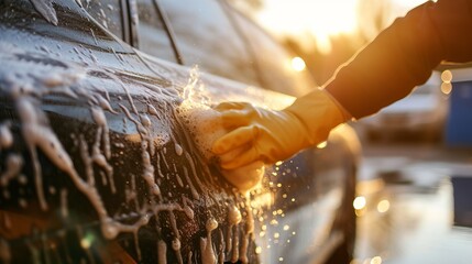Close up hand in a special rubber yellow glove washes a car with water and foam.	
