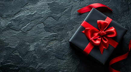Close up black gift on black background with copyspace. Valentine's day, black friday, romance, love, wedding anniversary concept	
