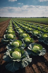 Fototapeta premium Even Field with Rows of Cabbage