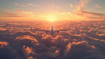 Airplane flying above the clouds at sunset - A commercial airliner cruises above a stunning sea of clouds, basking in the warm glow of the setting sun - obrazy, fototapety, plakaty