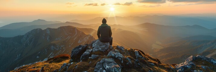 Person watching sunrise on mountain peak - A lone adventurer sits on a rugged mountain peak, facing a breathtaking sunrise that illuminates the scenic landscape