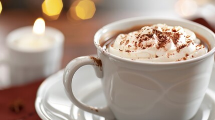 A cup of hot chocolate becomes a luxurious treat when topped with a generous layer of cream, its velvety whites mingling with the rich cocoa low noise