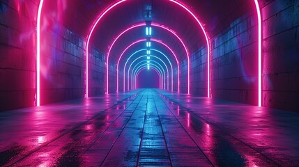 Naklejka premium Abstract empty futuristic tunnel with neon lights glowing in blue and pink colors, 3d illustration background