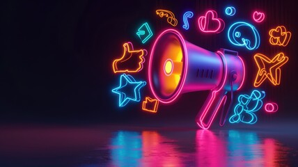 Neon megaphone with colorful social media icons - A vibrant neon megaphone surrounded by glowing social media and communication symbols indicating digital marketing and online engagement