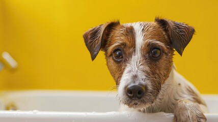 Dog in a bubble bath with yellow backdrop - An adorable Dog surrounded by soap bubbles in a shiny yellow-tiled bathroom, displaying domestic life
