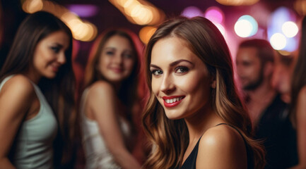 Portrait of beautiful young woman dancing at a party in the nightclub