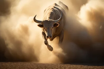 Foto auf Acrylglas Antireflex A large bull raises dust with its furious running against the backdrop of sunset rays, a symbol of the state of Texas, bullfighting © Sunny