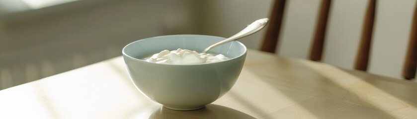 A bowl of refreshing yogurt sits on the breakfast table, its cool whites promising a serene start to the day, light and invigorating low noise