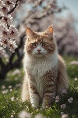 Naklejka na ściany i meble Fluffy Cute Cat Sitting in the Grass