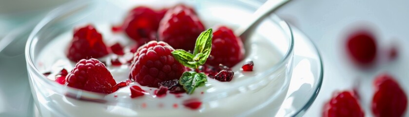 Amidst a bustling day, a spoonful of cool, refreshing yogurt offers a brief retreat, its whites a symbol of tranquility and refreshment low noise