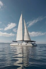 Fototapeta premium Large white yacht cruising on the water surface, enjoying life