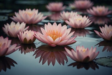 Group of pink flowers floating on the water surface