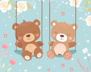 Cute bears swinging together, cartoon illustration, best friend theme, bright and cheerful colors, on a solid sky background with flower accents