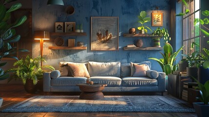 3D rendering of a contemporary living room with a warm and inviting atmosphere, complemented by a blue wall texture backdrop. - obrazy, fototapety, plakaty