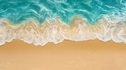 Fototapeta na wymiar Beach with golden sand washed by turquoise sea wave with white foam